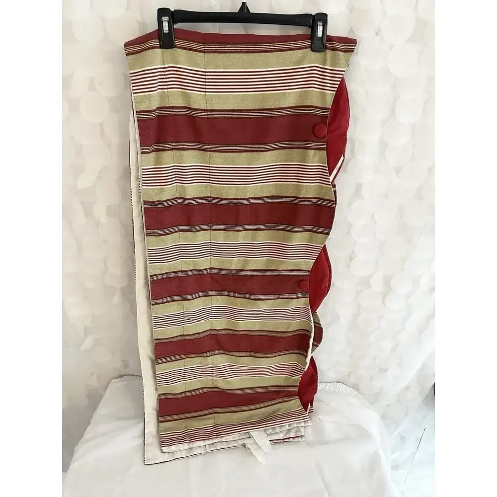 Waverly Yacht Club Crimson Red Tan Stripe Button Scallop Valances (2) 17 X 75 In
